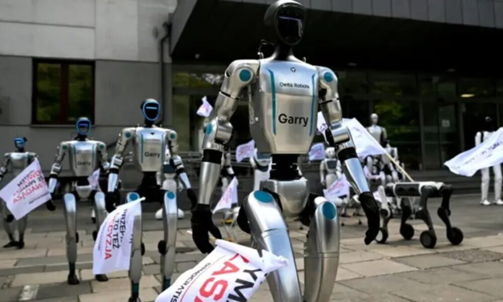 AI Robots Take Over Warsaw Street to Demand Protection for Human Jobs